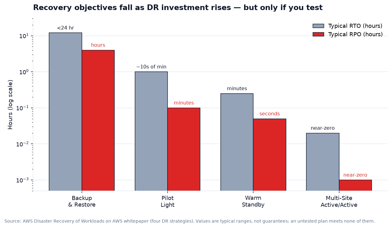 Grouped bar chart on a log scale showing typical recovery time objective and recovery point objective for four AWS disaster recovery strategies. Backup and restore is roughly under 24 hours RTO and hours of RPO; pilot light is tens of minutes RTO and minutes of RPO; warm standby is minutes RTO and seconds of RPO; multi-site active/active is near-zero for both. Recovery objectives fall as investment rises.